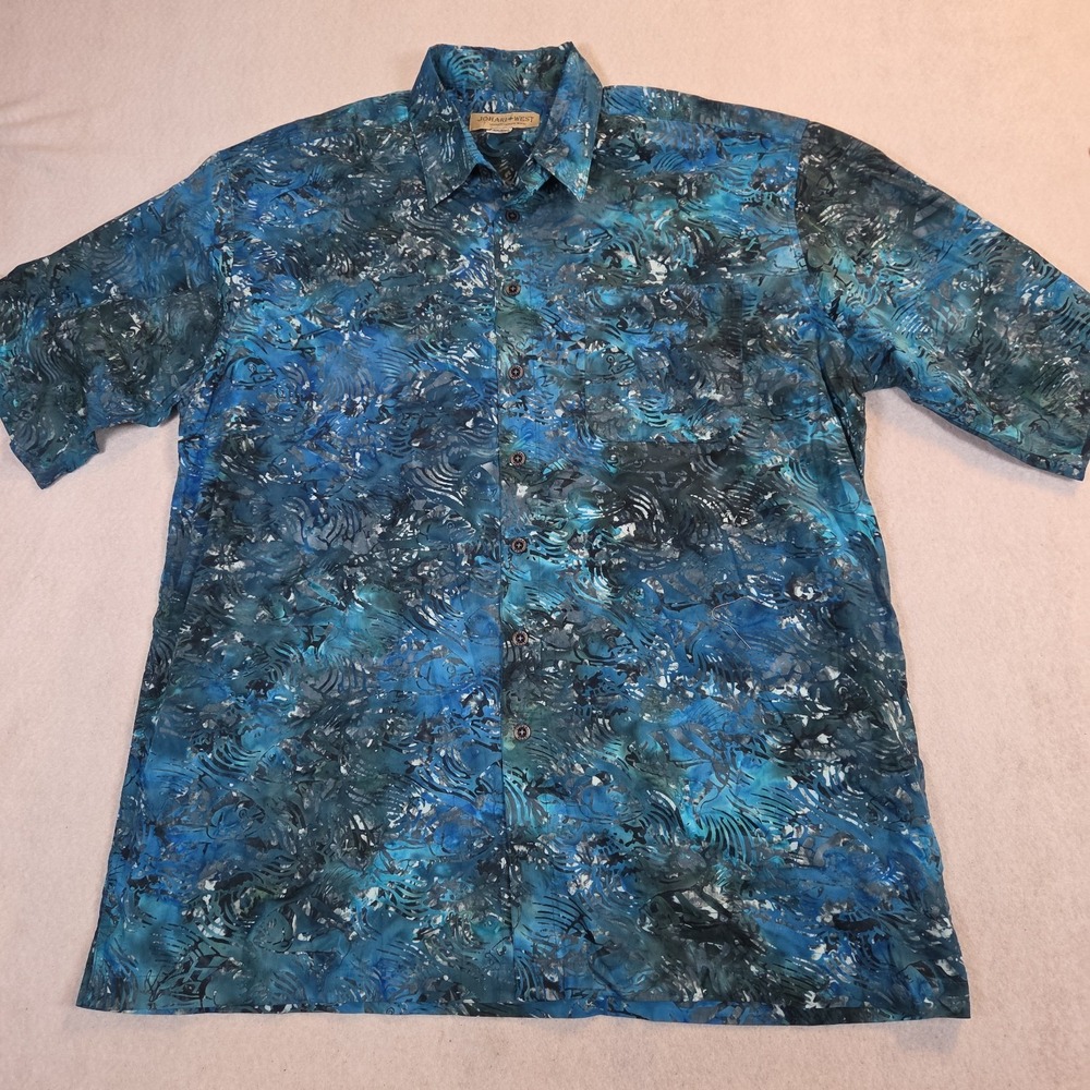 Johari West Batik Hawaiian Shirt 3XLT Big Tall 100% Cotton Blue Fish Print Camp